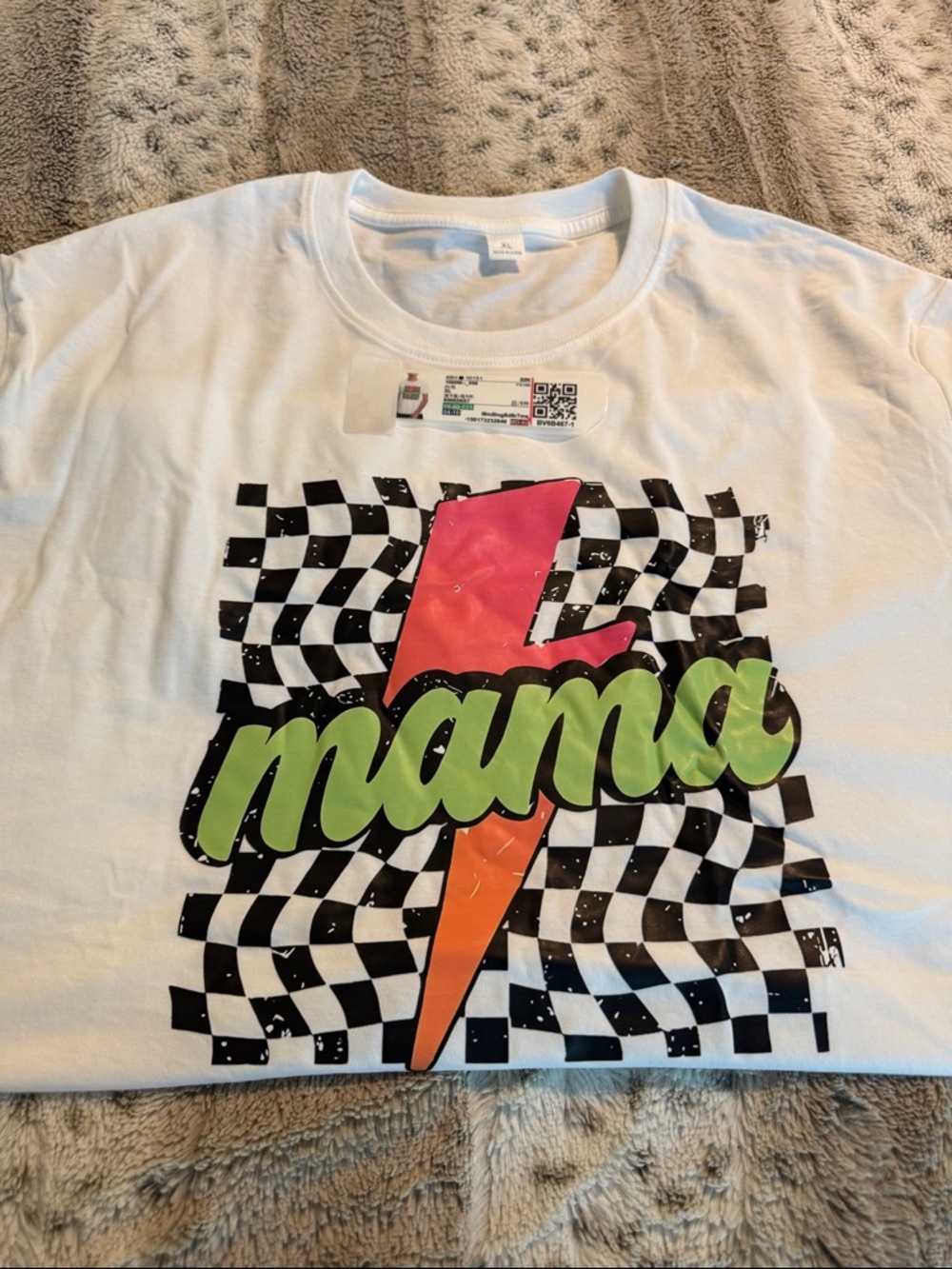 Graphic 'Mama' Lightning Bolt Tee - White with Neon Print XL NWT